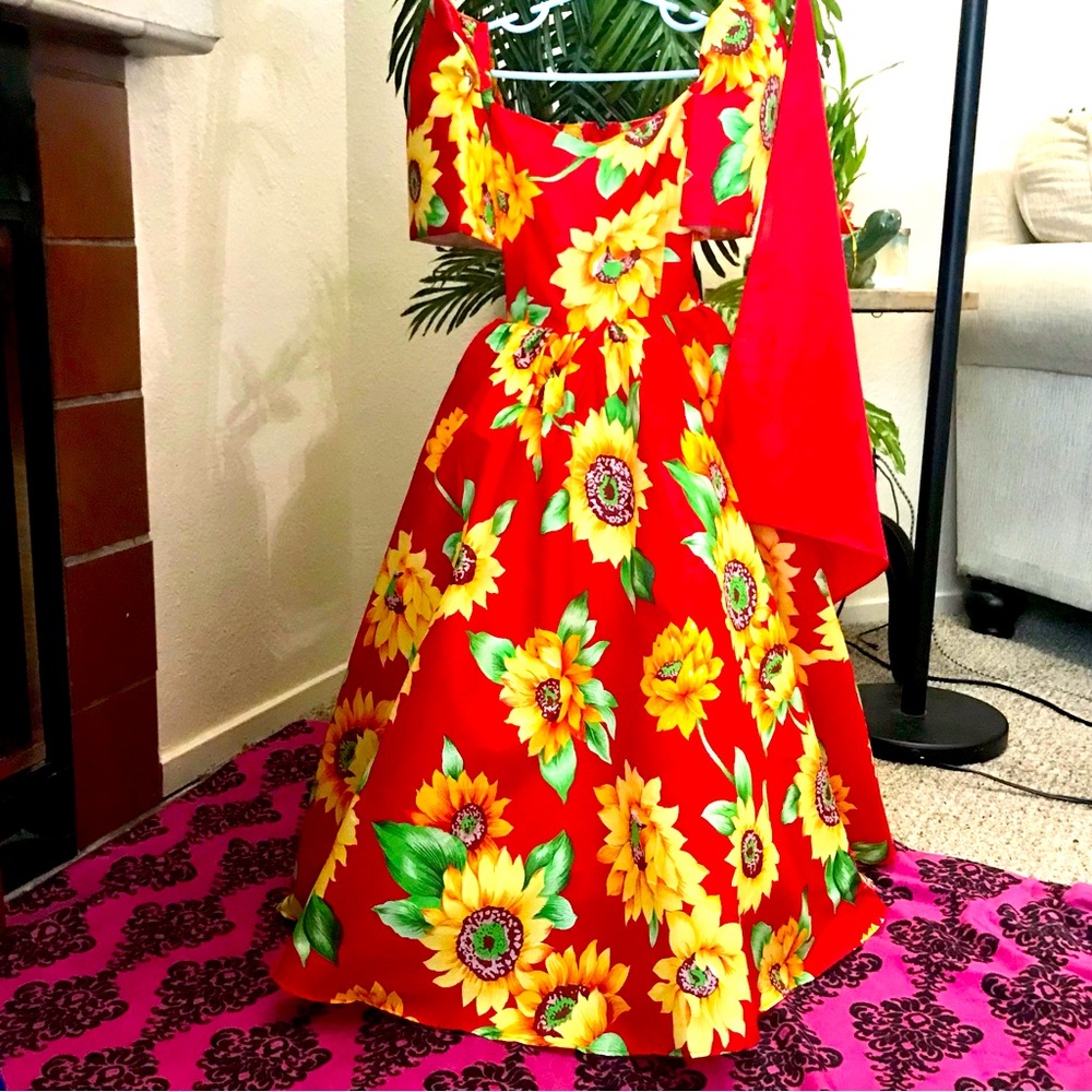 Girls red and yellow Floral sunflower print Patadyong Terno - Dress set,